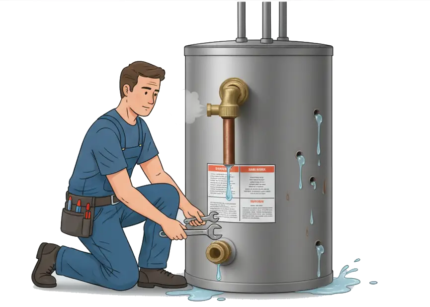 plumber fixing the leaking hot water tank