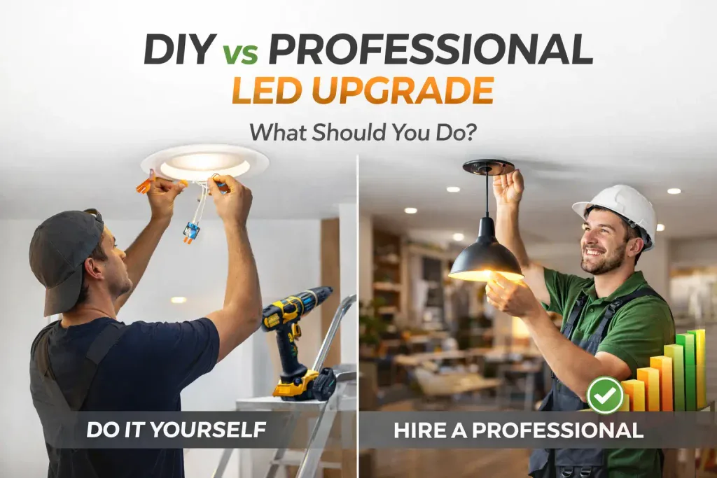 Two persons installing led downlight