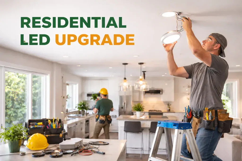 two electricians replacing LED downlights in a house