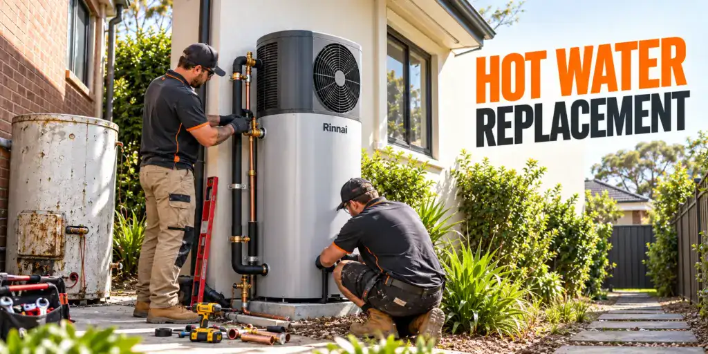 Two plumbers replacing old hot water with a new Rinnai Pump