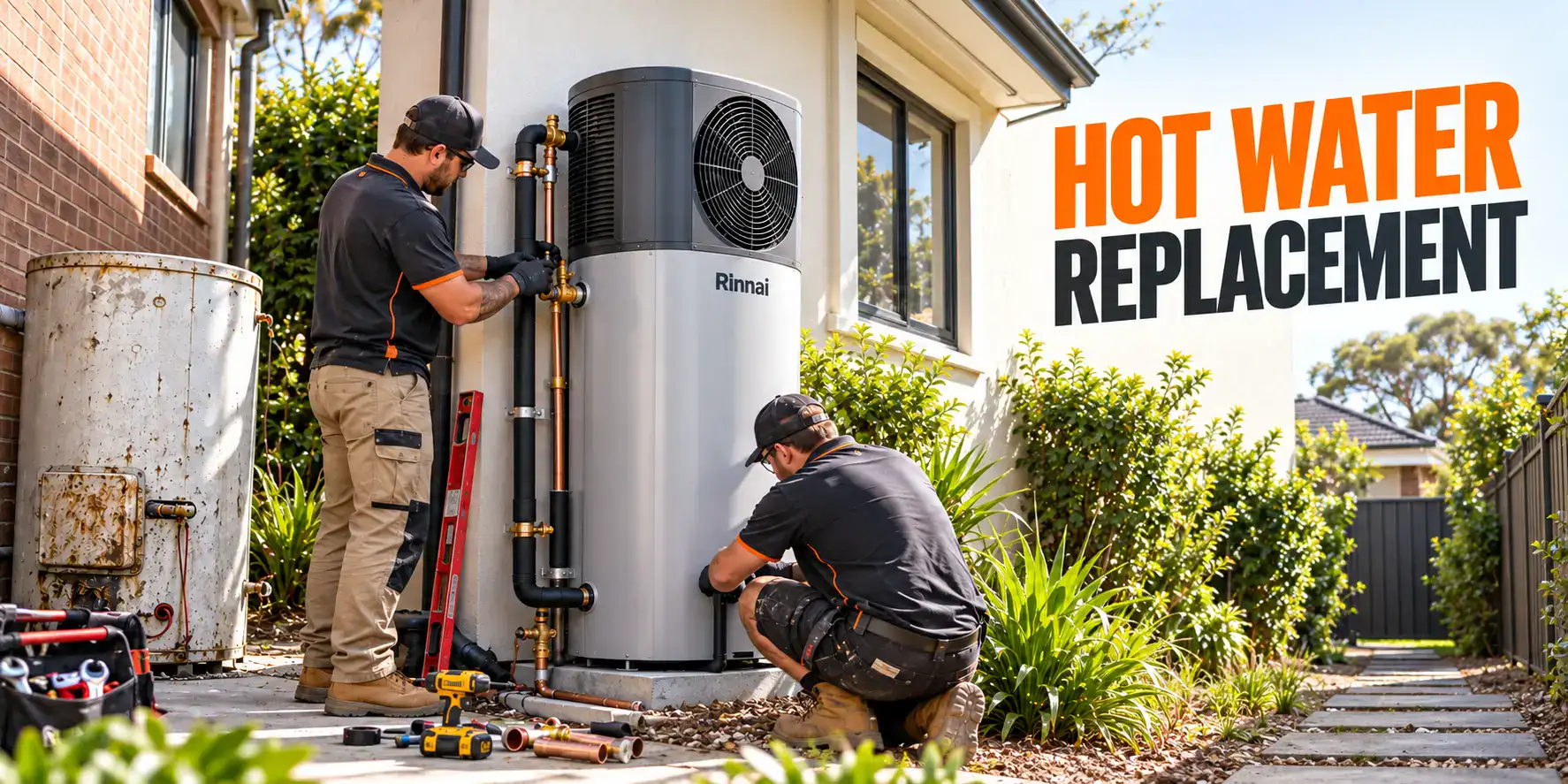 Two plumbers replacing old hot water with a new Rinnai Pump